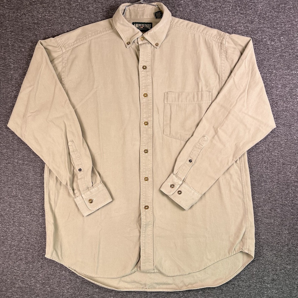 Vintage 70s American Eagle Shirts Mens Large Beige Flannel‎ Long Sleeve Pocket